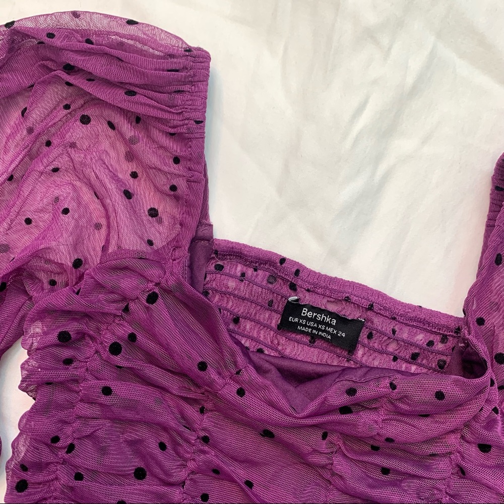 Bershka Women size XS Polka Dots Ruched Puff Sleeves Purple Crop Top